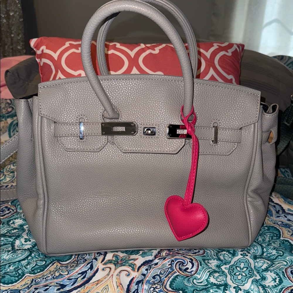 Gray Leather Handbag with Pink Heart Charm